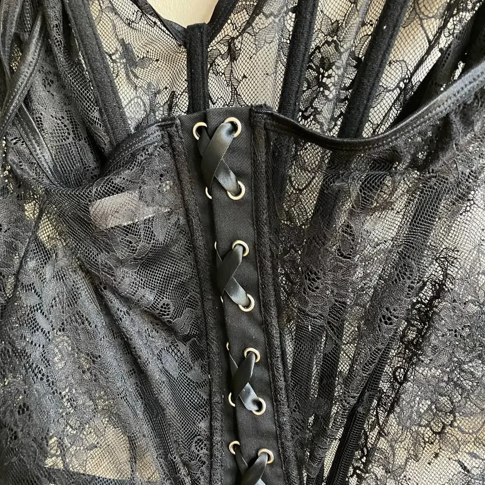 Fantasy Lingerie Lace Corset Size 2XL Black Sheer Mesh Bustier Lace Up Overbust